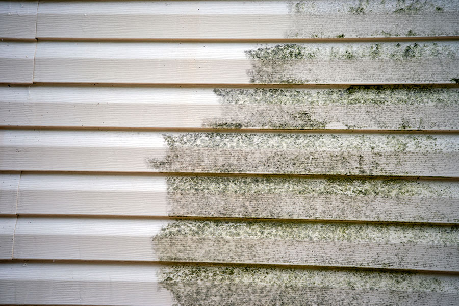 The siding of a home in Springfield, IL where half has been power washed and the other half is covered in dirt and grime.