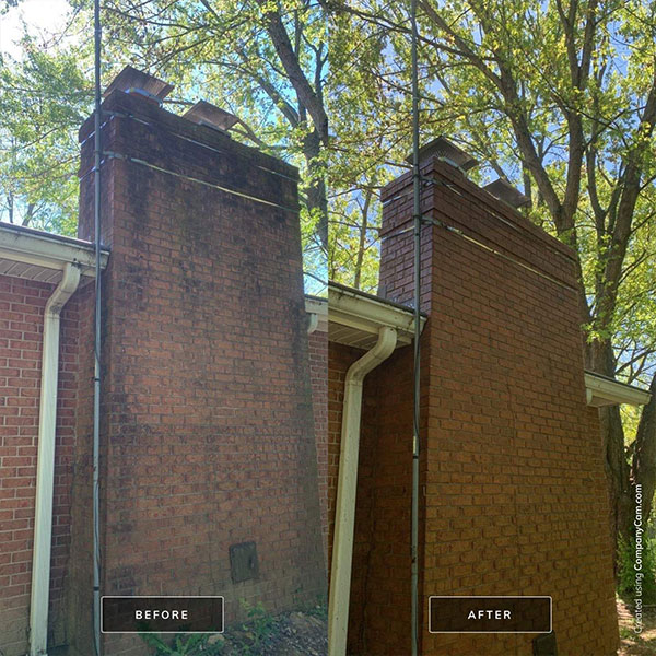A before and after image of a power washed brick chimney attached to a residential home in Springfield, IL.
