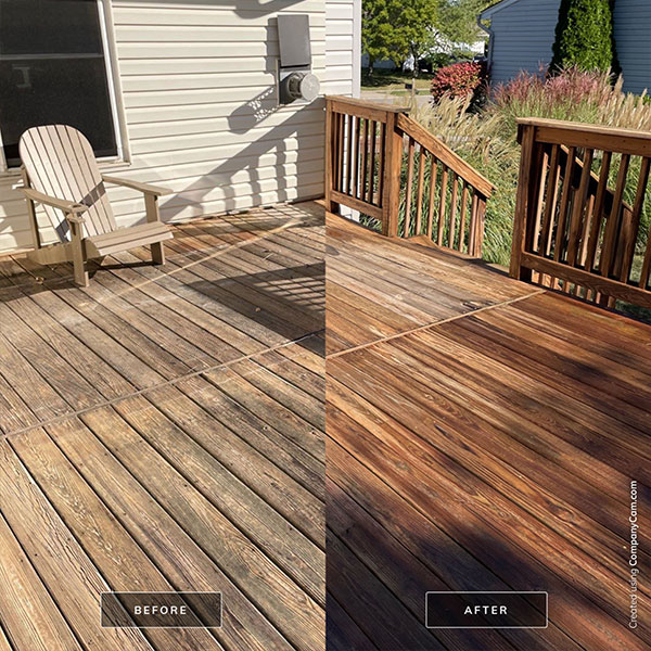 A before and after image of a wooden deck being power washed by a professional power washing company in Springfield, IL.