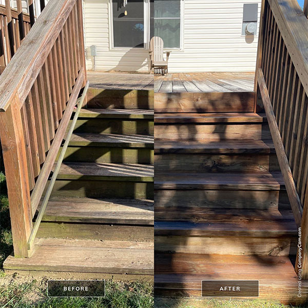 A before and after picture of wooden stairs connected to a deck being power washed in Springfield, IL. Dirt and grime being removed from wooden stairs.