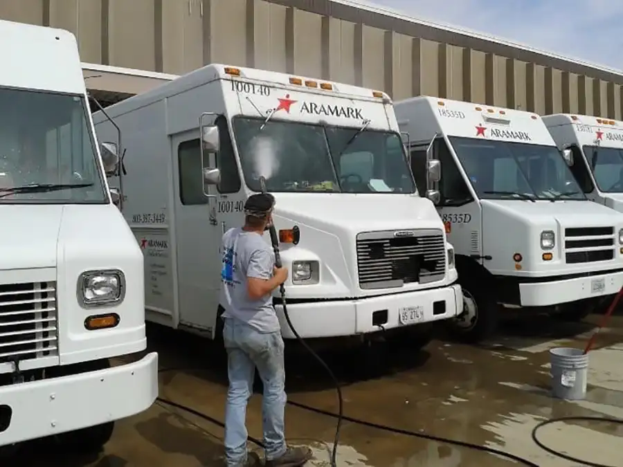 Petersburg Power Washing - vehicle washing and detail shop fleet of commercial vehicles lined up being washed professionally - Springfield, IL
