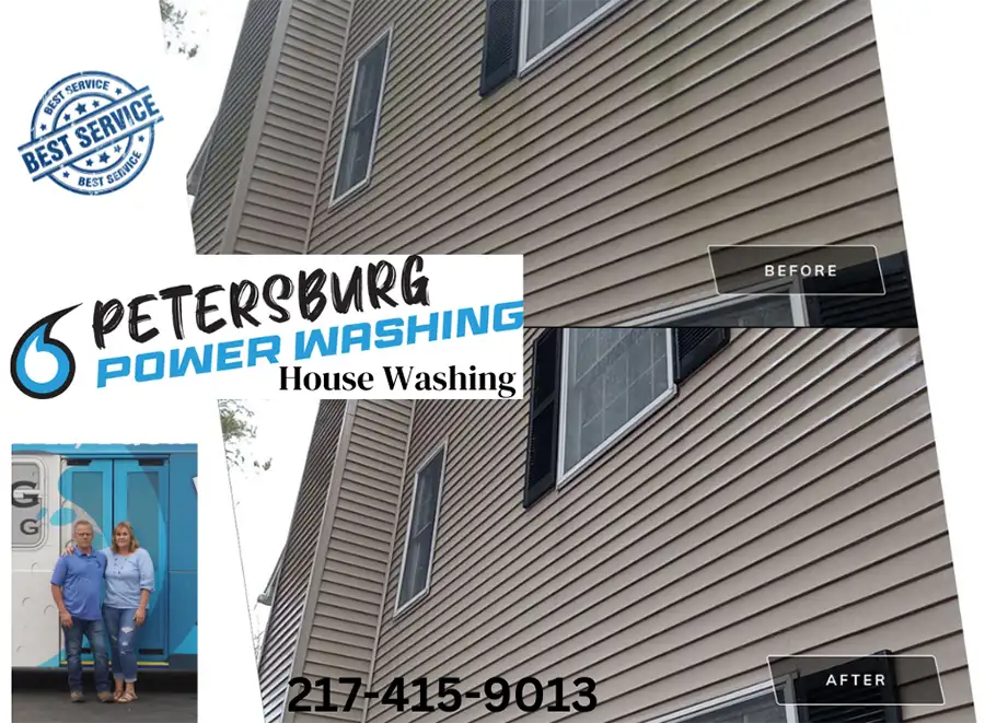 Petersburg Power Washing - House Washing, before and after images, house siding with company information watermarks - Springfield, IL