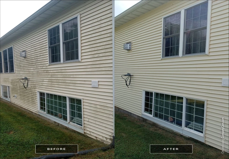 This is a before and after picture of a house in Petersburg, IL. The before picture shows algae on the house before the wash, and the after picture shows the house clean after a wash by Petersburg Power Washing.