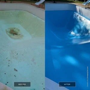 This is a before and after collage photo of an inground pool at a house in Springfield, IL, that was washed and painted by Petersburg Power Washing of Springfield, IL.