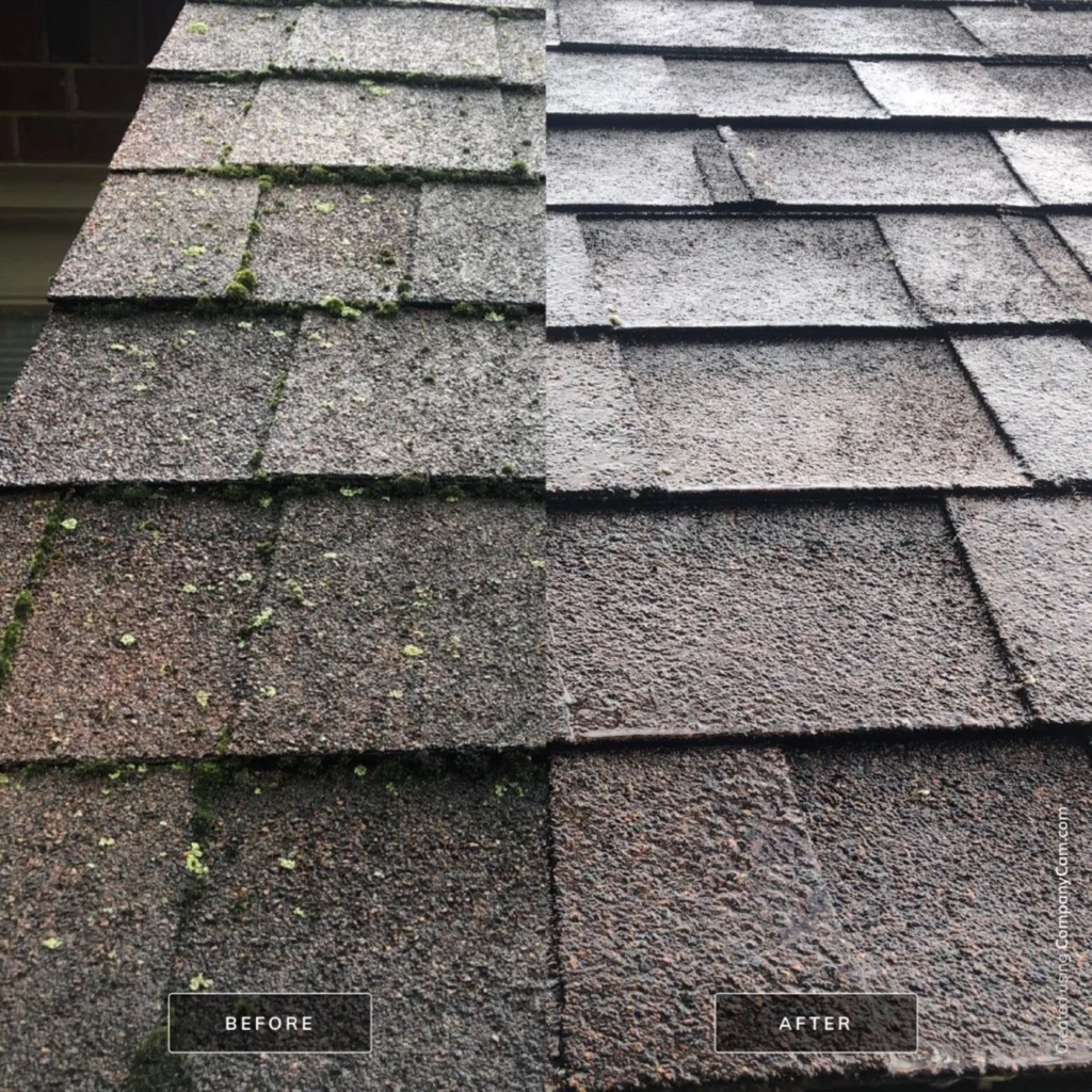 This is a close-up of a before and after photo of a house in Rochester, IL that had its roof washed by Petersburg Power Washing of Springfield, IL.